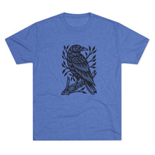 Load image into Gallery viewer, Perched Raven Linocut Graphic T-shirt - Bird T-shirt - Unisex Tri-Blend Tee - Bird Art T-shirt - Crow T-shirt