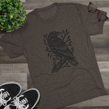 Load image into Gallery viewer, Perched Raven Linocut Graphic T-shirt - Bird T-shirt - Unisex Tri-Blend Tee - Bird Art T-shirt - Crow T-shirt