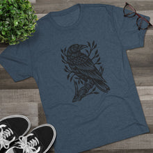 Load image into Gallery viewer, Perched Raven Linocut Graphic T-shirt - Bird T-shirt - Unisex Tri-Blend Tee - Bird Art T-shirt - Crow T-shirt
