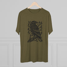 Load image into Gallery viewer, Perched Raven Linocut Graphic T-shirt - Bird T-shirt - Unisex Tri-Blend Tee - Bird Art T-shirt - Crow T-shirt