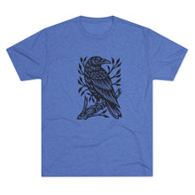 Load image into Gallery viewer, Perched Raven Linocut Graphic T-shirt - Bird T-shirt - Unisex Tri-Blend Tee - Bird Art T-shirt - Crow T-shirt