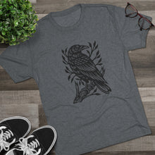 Load image into Gallery viewer, Perched Raven Linocut Graphic T-shirt - Bird T-shirt - Unisex Tri-Blend Tee - Bird Art T-shirt - Crow T-shirt