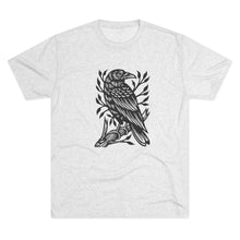 Load image into Gallery viewer, Perched Raven Linocut Graphic T-shirt - Bird T-shirt - Unisex Tri-Blend Tee - Bird Art T-shirt - Crow T-shirt