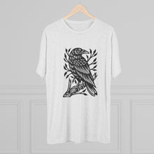 Load image into Gallery viewer, Perched Raven Linocut Graphic T-shirt - Bird T-shirt - Unisex Tri-Blend Tee - Bird Art T-shirt - Crow T-shirt