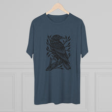 Load image into Gallery viewer, Perched Raven Linocut Graphic T-shirt - Bird T-shirt - Unisex Tri-Blend Tee - Bird Art T-shirt - Crow T-shirt