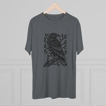 Load image into Gallery viewer, Perched Raven Linocut Graphic T-shirt - Bird T-shirt - Unisex Tri-Blend Tee - Bird Art T-shirt - Crow T-shirt