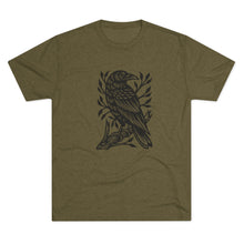 Load image into Gallery viewer, Perched Raven Linocut Graphic T-shirt - Bird T-shirt - Unisex Tri-Blend Tee - Bird Art T-shirt - Crow T-shirt