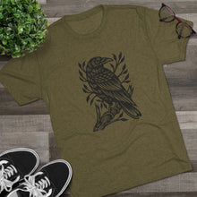 Load image into Gallery viewer, Perched Raven Linocut Graphic T-shirt - Bird T-shirt - Unisex Tri-Blend Tee - Bird Art T-shirt - Crow T-shirt