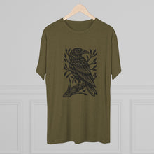 Load image into Gallery viewer, Perched Raven Linocut Graphic T-shirt - Bird T-shirt - Unisex Tri-Blend Tee - Bird Art T-shirt - Crow T-shirt