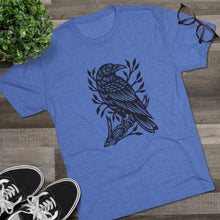 Load image into Gallery viewer, Perched Raven Linocut Graphic T-shirt - Bird T-shirt - Unisex Tri-Blend Tee - Bird Art T-shirt - Crow T-shirt