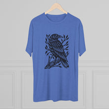 Load image into Gallery viewer, Perched Raven Linocut Graphic T-shirt - Bird T-shirt - Unisex Tri-Blend Tee - Bird Art T-shirt - Crow T-shirt