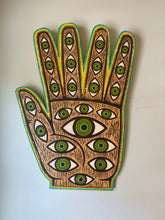Load image into Gallery viewer, Hand with Eyes, Super Hamsa, mixed media, woodcut wall art