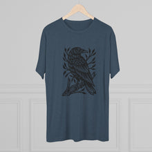 Load image into Gallery viewer, Perched Raven Linocut Graphic T-shirt - Bird T-shirt - Unisex Tri-Blend Tee - Bird Art T-shirt - Crow T-shirt