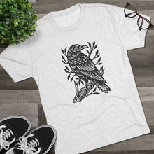 Load image into Gallery viewer, Perched Raven Linocut Graphic T-shirt - Bird T-shirt - Unisex Tri-Blend Tee - Bird Art T-shirt - Crow T-shirt