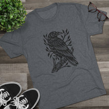 Load image into Gallery viewer, Perched Raven Linocut Graphic T-shirt - Bird T-shirt - Unisex Tri-Blend Tee - Bird Art T-shirt - Crow T-shirt