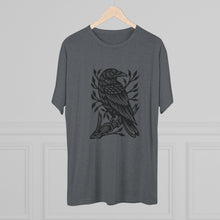Load image into Gallery viewer, Perched Raven Linocut Graphic T-shirt - Bird T-shirt - Unisex Tri-Blend Tee - Bird Art T-shirt - Crow T-shirt