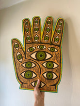 Load image into Gallery viewer, Hand with Eyes, Super Hamsa, mixed media, woodcut wall art