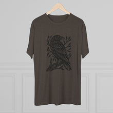 Load image into Gallery viewer, Perched Raven Linocut Graphic T-shirt - Bird T-shirt - Unisex Tri-Blend Tee - Bird Art T-shirt - Crow T-shirt