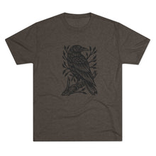 Load image into Gallery viewer, Perched Raven Linocut Graphic T-shirt - Bird T-shirt - Unisex Tri-Blend Tee - Bird Art T-shirt - Crow T-shirt