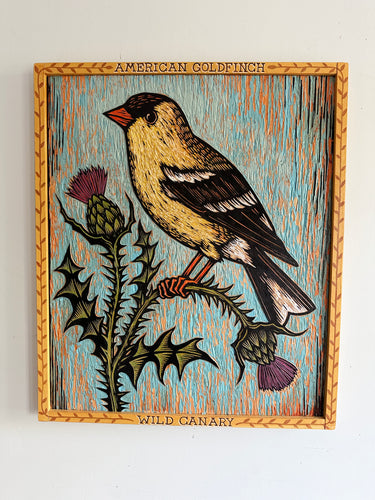 American Goldfinch Bird Original Carved Wood Painting