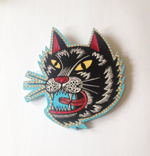 Load image into Gallery viewer, Black Cat Head Linocut on Wood Wall Art