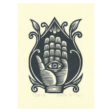 Load image into Gallery viewer, Hand of Fatima Linocut Hand Printed Card - Eye in Hand - Hamsa Greeting Card - Blank Greeting Card - Get Well Card - Housewarming Card