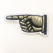 Load image into Gallery viewer, Pointer Finger Woodcut Print on Wood - Manicule - Hand Art - Pointing Hand - Literary Art - Home Decor - Library Decor - Directional Sign