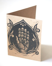 Load image into Gallery viewer, Hand of Fatima Linocut Hand Printed Card - Eye in Hand - Hamsa Greeting Card - Blank Greeting Card - Get Well Card - Housewarming Card