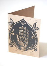Load image into Gallery viewer, Hand of Fatima Linocut Hand Printed Card - Eye in Hand - Hamsa Greeting Card - Blank Greeting Card - Get Well Card - Housewarming Card