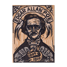 Load image into Gallery viewer, Postcard, Edgar Allan Poe Linocut Printed Letterpress Postcard, Hand Printed Letterpress Author Postcard, Poe The Raven Linocut Postcard