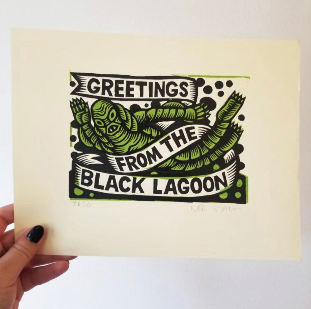 Greetings from the Black Lagoon Creature Linocut Art Print
