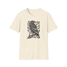 Load image into Gallery viewer, Perched Raven Linocut Graphic Artwork on Gildan Unisex Softstyle T-Shirt