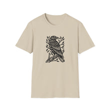 Load image into Gallery viewer, Perched Raven Linocut Graphic on Gildan Softstyle Cotton Tshirt