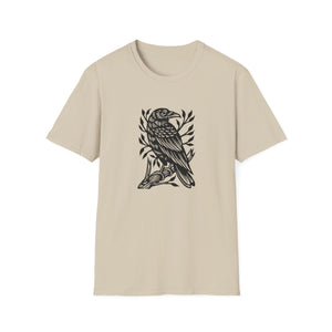 Perched Raven Linocut Graphic on Gildan Softstyle Cotton Tshirt