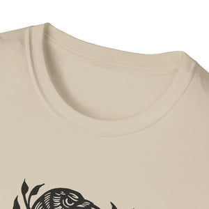 Perched Raven Linocut Graphic on Gildan Softstyle Cotton Tshirt