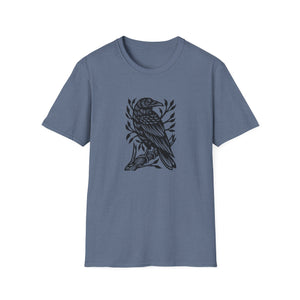 Perched Raven Linocut Graphic on Gildan Softstyle Cotton Tshirt