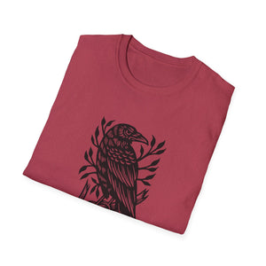 Perched Raven Linocut Graphic on Gildan Softstyle Cotton Tshirt