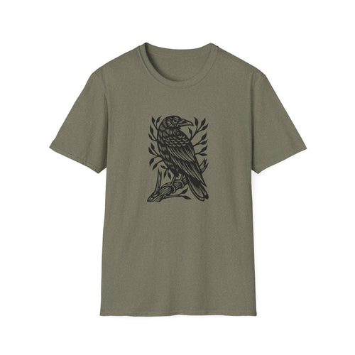 Perched Raven Linocut Graphic on Gildan Softstyle Cotton Tshirt