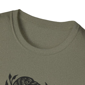 Perched Raven Linocut Graphic on Gildan Softstyle Cotton Tshirt