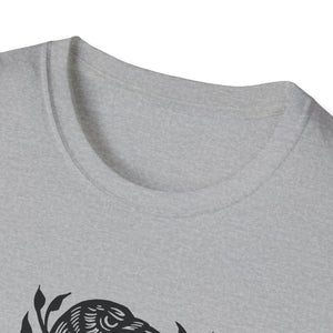 Perched Raven Linocut Graphic on Gildan Softstyle Cotton Tshirt