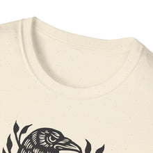 Load image into Gallery viewer, Perched Raven Linocut Graphic Artwork on Gildan Unisex Softstyle T-Shirt