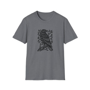 Perched Raven Linocut Graphic on Gildan Softstyle Cotton Tshirt