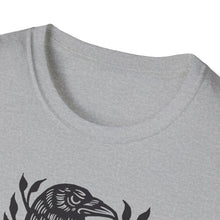 Load image into Gallery viewer, Perched Raven Linocut Graphic Artwork on Gildan Unisex Softstyle T-Shirt