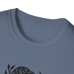 Perched Raven Linocut Graphic on Gildan Softstyle Cotton Tshirt