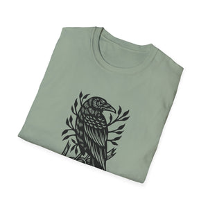 Perched Raven Linocut Graphic on Gildan Softstyle Cotton Tshirt