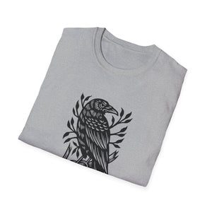 Perched Raven Linocut Graphic on Gildan Softstyle Cotton Tshirt