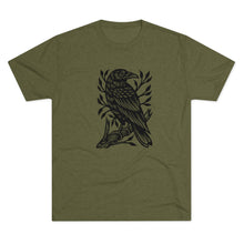 Load image into Gallery viewer, Perched Raven Linocut Graphic T-shirt - Bird T-shirt - Unisex Tri-Blend Tee - Bird Art T-shirt - Crow T-shirt