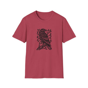 Perched Raven Linocut Graphic on Gildan Softstyle Cotton Tshirt