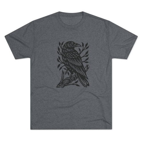 Perched Raven Linocut Graphic T-shirt - Bird T-shirt - Unisex Tri-Blend Tee - Bird Art T-shirt - Crow T-shirt