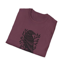 Load image into Gallery viewer, Perched Raven Linocut Graphic on Gildan Softstyle Cotton Tshirt